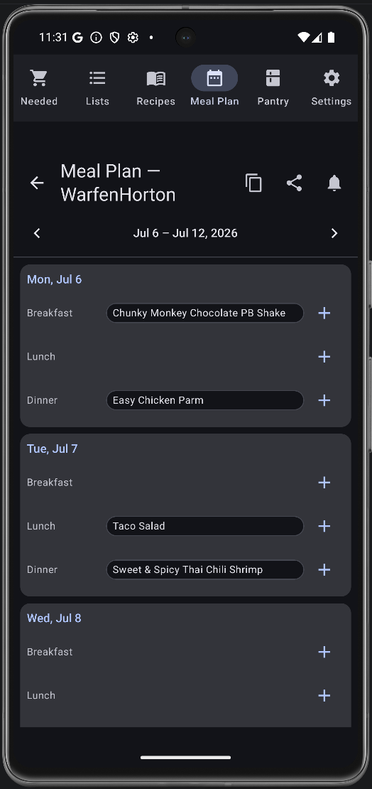 Larova weekly meal plan