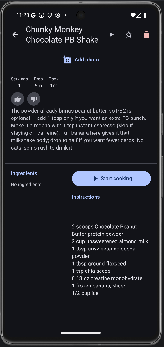 Larova recipe detail view